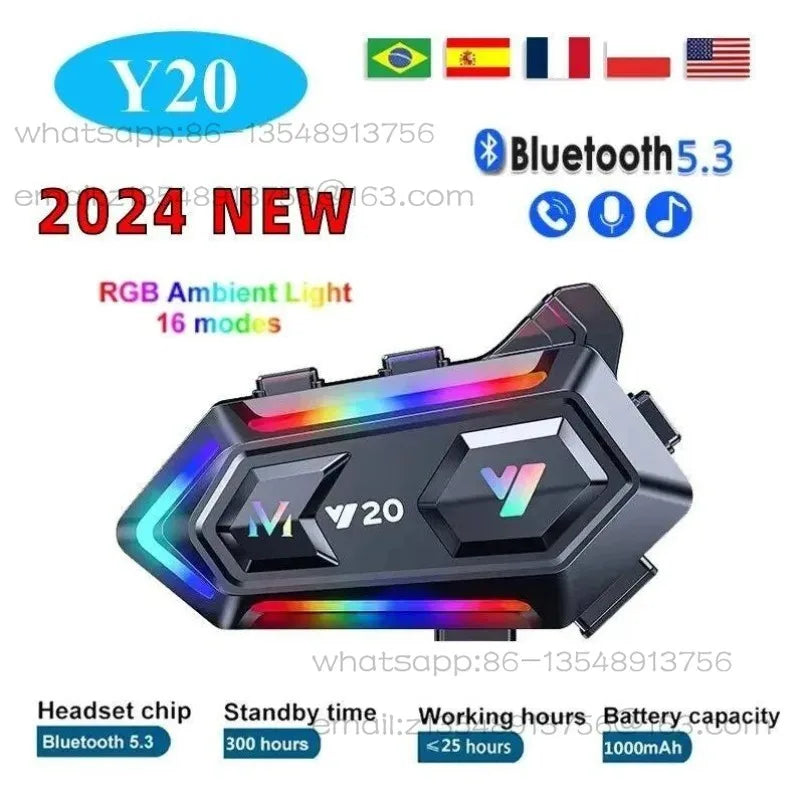 Y20 Motorcycle Helmet Bluetooth Headset Rider BT5.3 RGB Colo Spot