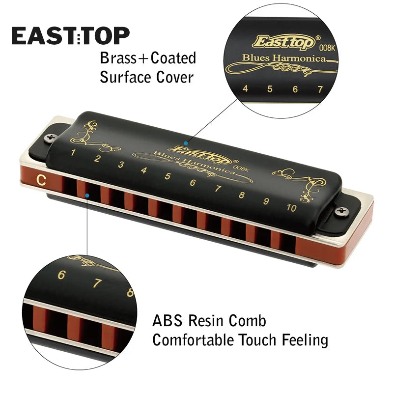 EASTTOP T008K Key of C New Blue Color Harmonica Brass Reedplates Phosphor Bronze Reeds Diatonic Blues Harp Good Harmonica