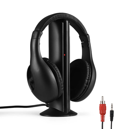 Generic 5-In-1 Wireless TV Headphones – Over-Ear Headset with Transmitter, 98Ft Range & FM Radio, Monitoring Decoder